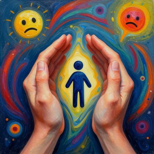 Vividly colored painting of two hands framing a blue stick figure in a yellow center, surrounded by swirling blue, red, and yellow, with a