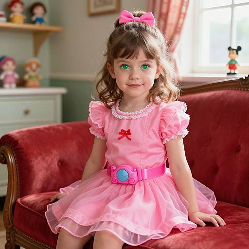 Photograph of a young girl with green eyes, brown curly hair, pink bow, pink dress with red bow and blue buckle, sitting on a red