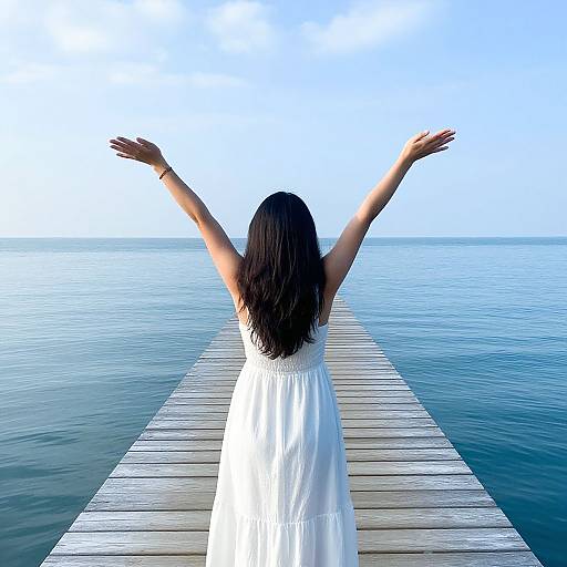 Joyful Woman on Pier Over Ocean