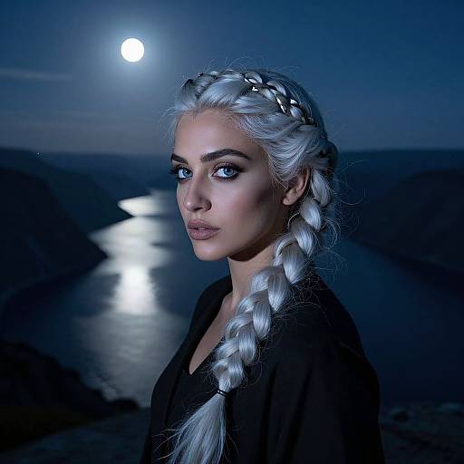 Photograph of a woman with long, braided white hair, blue eyes, and pale skin, standing by a moonlit river, wearing a black