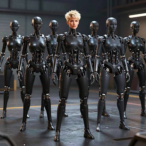Blonde Woman Android Among Black Humanoid Robots