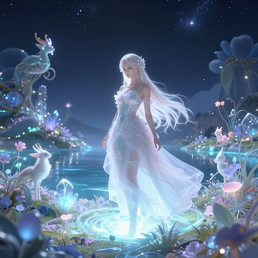 Digital fantasy artwork of a glowing, ethereal white-haired woman in a translucent dress, standing in a luminous, magical forest by a moonlit lake