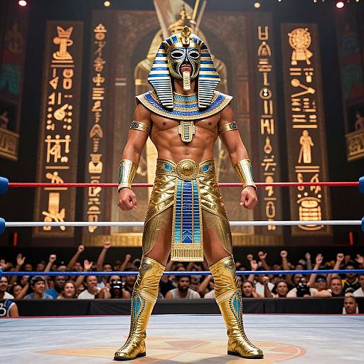 Photograph of a muscular male wrestler in an Egyptian-themed costume with golden armor, blue and white striped headdress, and a striped loincloth,