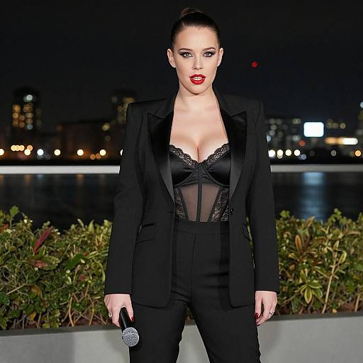 Photograph of a fair-skinned woman with dark hair in an updo, wearing a black lace bodysuit and blazer, holding a microphone