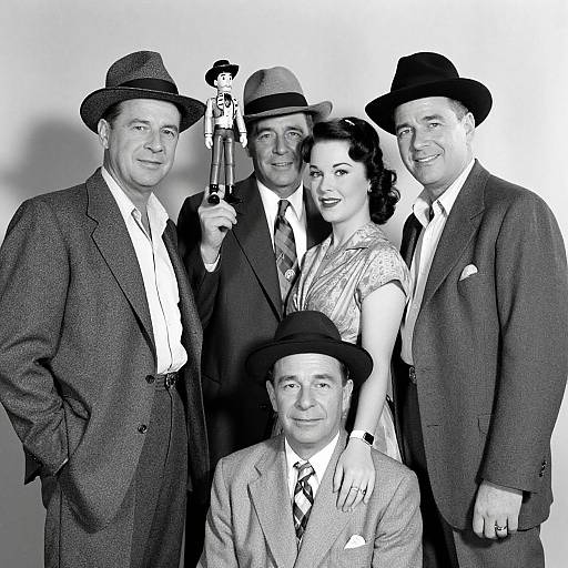 Black-and-white photograph of five smiling men and one woman in 1940s-style suits and hats, holding a trophy, with vintage hairstyles.