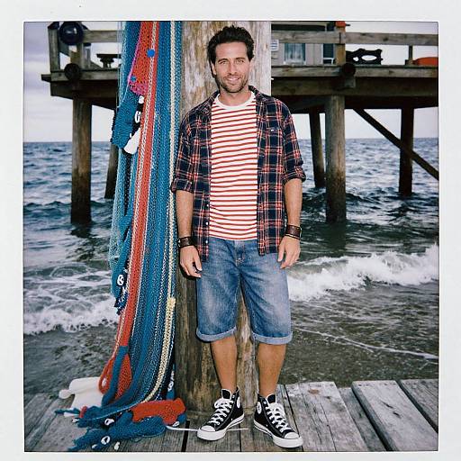 Photograph of a bearded man in a red-and-white striped shirt, plaid jacket, denim shorts, and black Converse shoes, standing on