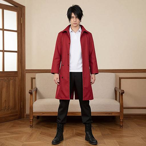 Photograph of a pale-skinned man with black, messy hair, wearing a red trench coat, white shirt, black pants, and boots, standing
