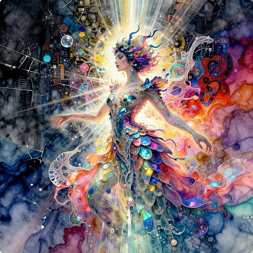 Vibrant digital abstract art depicting a radiant, glowing figure with swirling, colorful lights and translucent bubbles against a dark, textured background.