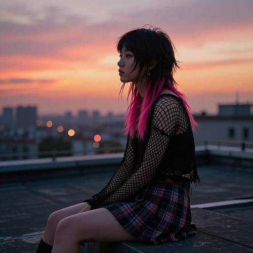 Photograph of a young woman with pink-dyed hair, black fishnet top, and plaid skirt, sitting on rooftop at sunset, city