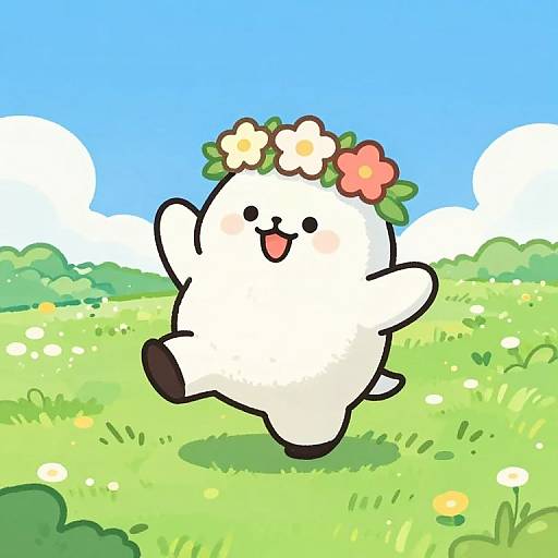 Cute white ghost with a flower crown, smiling with open arms, dancing in a vibrant, sunny meadow filled with flowers. Digital illustration.