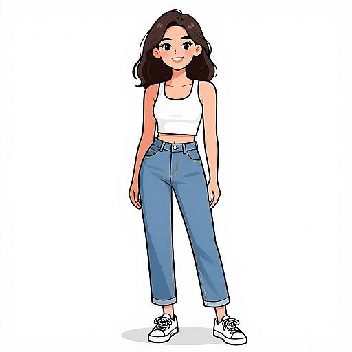 Digital anime-style drawing of a smiling young woman with dark brown hair, wearing a white crop top, high-waisted blue jeans, and white sneakers