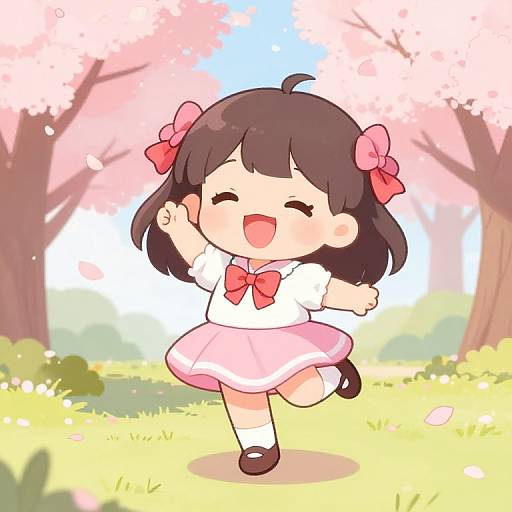 Chibi Girl Dancing in Cherry Blossoms