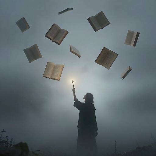 Silhouette of person with wand casting spell, books floating in foggy, twilight sky; ethereal, magical scene. Photograph.