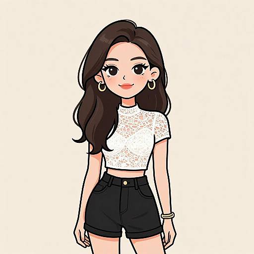 Digital anime-style drawing of a smiling young woman with long brown hair, wearing a white lace crop top and black high-waisted shorts. She has