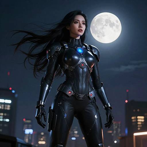Futuristic Heroine Under Moonlit Sky