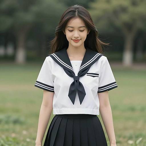 Asian Woman in Sailor-Style School Uniform Outdoors