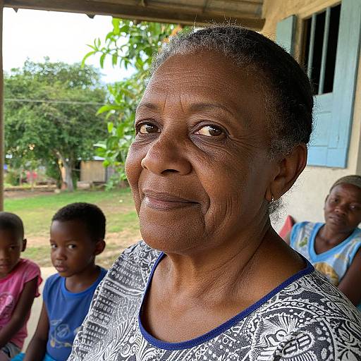 Photograph of an elderly African woman with deep wrinkles, dark skin, short gray hair, and patterned shirt, smiling outdoors, with two children in