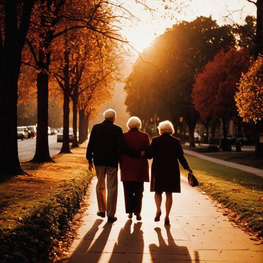 Elderly Couple Walking in Autumn Sunset