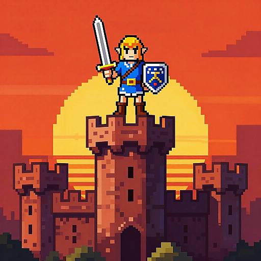 Pixel art of Link from Zelda standing on a castle turret, holding a sword and shield, with a vibrant sunset behind.