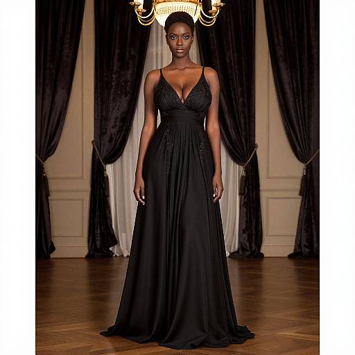 Photograph of a tall, dark-skinned woman with a slender build, wearing a black, deep V-neck, floor-length evening gown, standing in