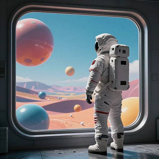 Photograph-style digital art: Astronaut in white spacesuit with backpack, standing in spaceship doorway, gazing at colorful, planet-filled, desert-like