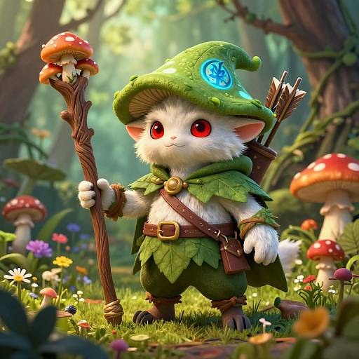 Cute CGI fantasy image of a small, white-furred, red-eyed creature in green leafy outfit, holding a staff with a mushroom, in