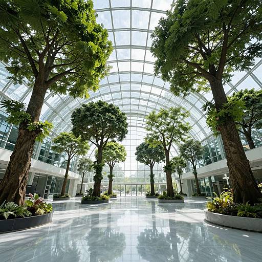 Photograph of a modern, sunlit atrium with tall trees, glossy white floor, and a large, arched glass ceiling, surrounded by glass