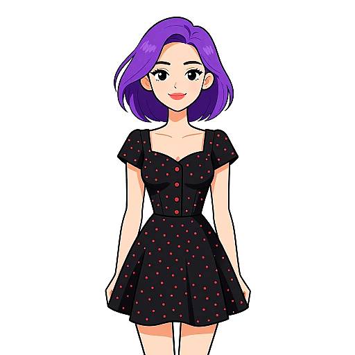 Digital anime-style drawing of a cute young woman with purple hair, wearing a black polka dot dress with red buttons, smiling against a white background.