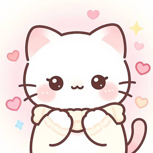 Cute chibi-style white cat with pink ears, blushing cheeks, and a small smile, holding a pink bow, surrounded by pink hearts and