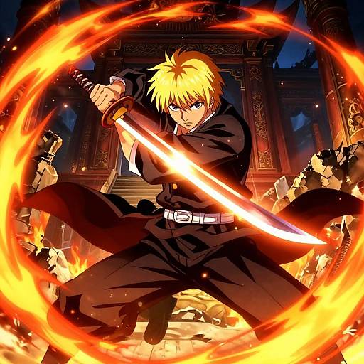 Blonde Anime Warrior in Fiery Battle