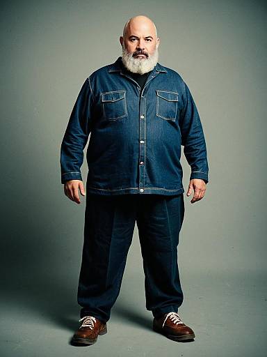 Plus Size Bald Man with White Beard in Denim Outfit
