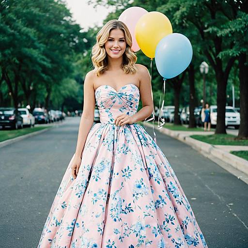 Woman in Floral Ball Gown with Balloons