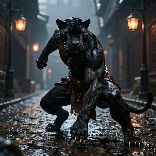 Digital artwork of a muscular, black panther warrior with sharp claws, crouching in a rain-soaked, dimly lit, cobblestone