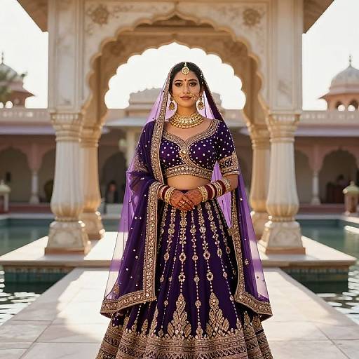 Photograph of a beautiful Indian bride in a purple and gold traditional lehenga, standing in an ornate, sunlit courtyard.