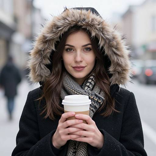 Photograph of a young woman with fair skin, brown eyes, and dark brown hair, wearing a fur-trimmed black coat and holding a white