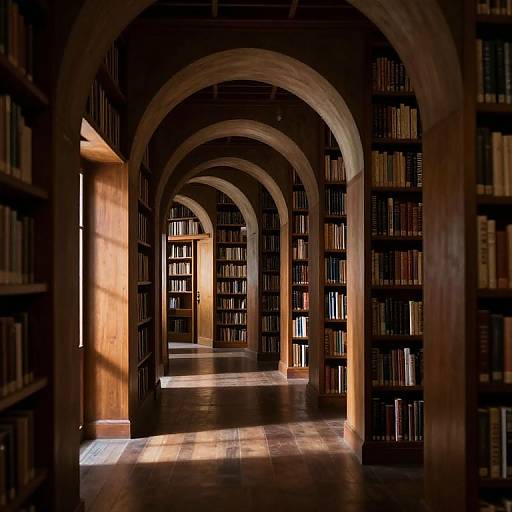 Photograph of a dimly lit, arched library corridor with rows of bookshelves, sunlight streaming through, casting shadows on the tiled floor.
