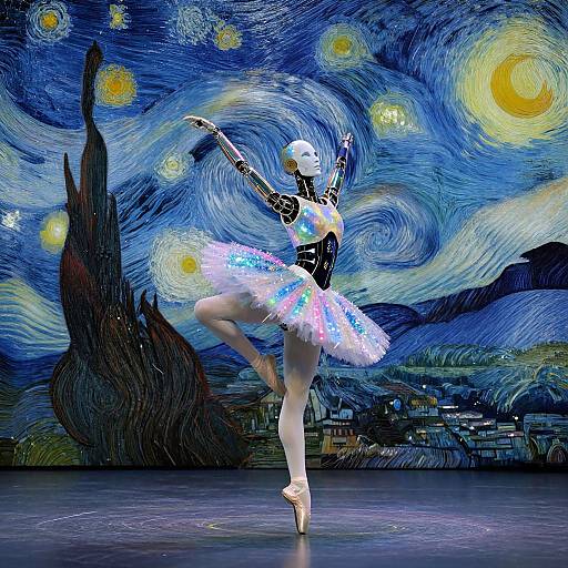 Digital artwork of a ballerina in a sparkling tutu, white mask, and pointe shoes, dancing on stage with a swirling, starry