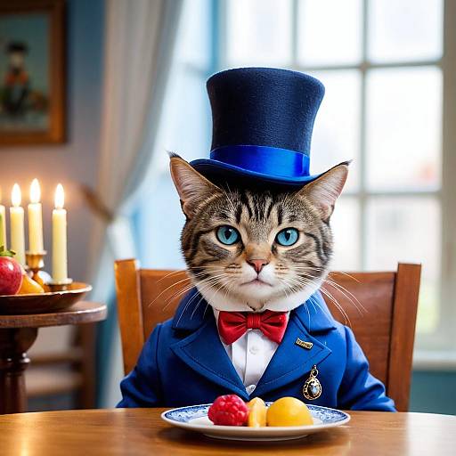 Cat in Top Hat and Blue Suit with Fruit Plate