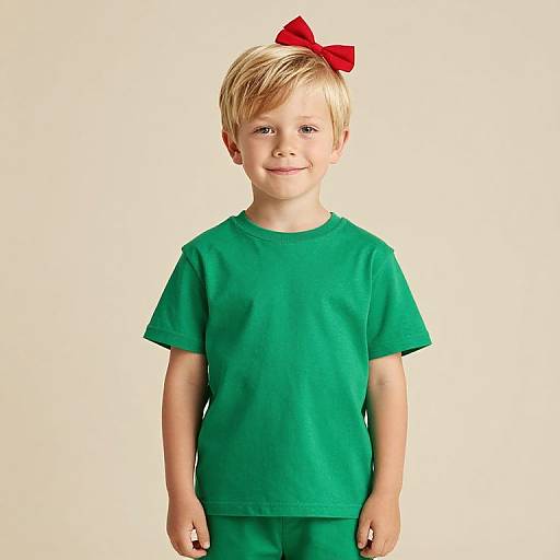 Blonde Boy in Green Outfit with Red Bow