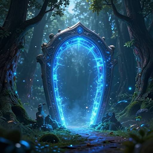 Mystical blue glowing archway in enchanted forest, surrounded by dark trees and luminescent particles, illuminated by ethereal light. Digital art.