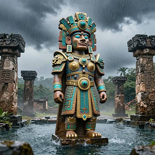 Aztec Water Deity Statue in Rain