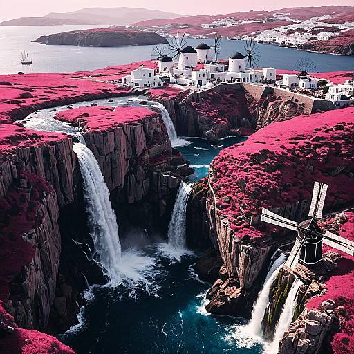 Aerial View of Fantasy Rosy-Tinted Peninsula with Waterfalls and Windmills