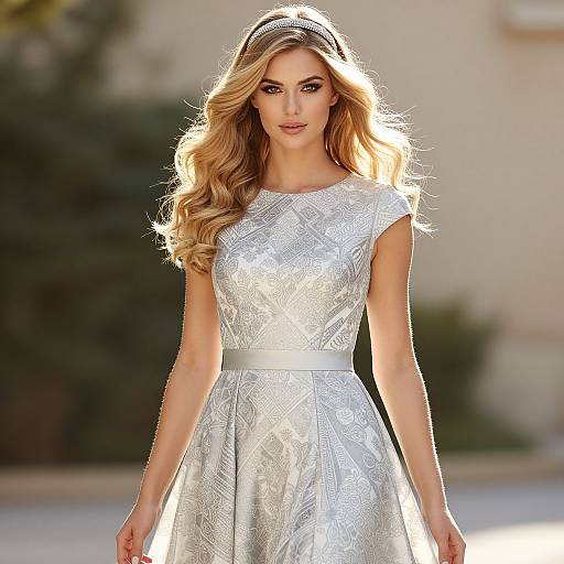 Photograph of a blonde woman with long, wavy hair wearing a silver, lace-patterned, sleeveless dress and a silver headband, standing