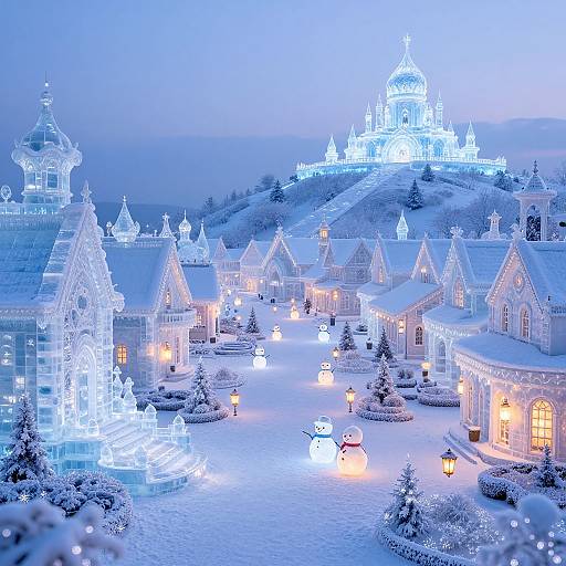 Photograph of a snow-covered village at twilight, illuminated by white and yellow Christmas lights, featuring glowing houses, a snowman, and a distant,