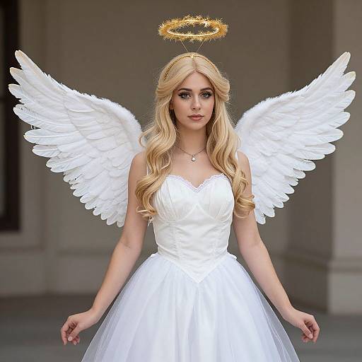 Digital art of a blonde angel with golden halo, white dress, and large wings, standing in a blurred gray background.