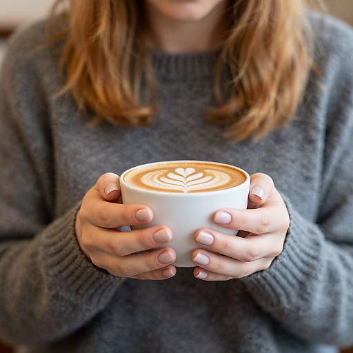Photograph of a person with light brown hair, wearing a gray sweater, holding a white cup with a latte art leaf design.