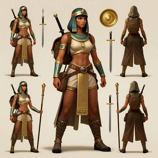 CGI image of a muscular, dark-skinned, Egyptian warrior woman in gold armor, blue-striped headdress, and brown robe, shown front,