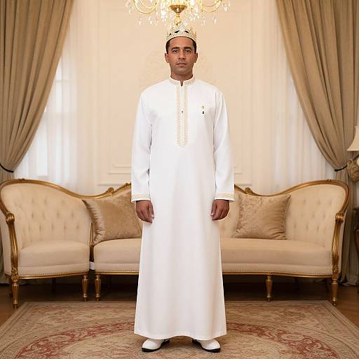 Photograph of a Black man in white traditional Islamic thobe and cap, standing in an elegant room with gold-framed sofas.