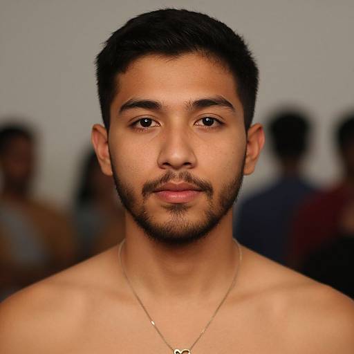 Photograph of a young, shirtless man with medium brown skin, short black hair, light beard, and a neutral expression, wearing a thin necklace