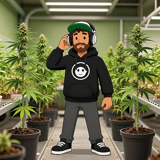 Cartoon bearded man with headphones, black hoodie, and sneakers, stands in greenhouse with numerous potted cannabis plants. Digital art.